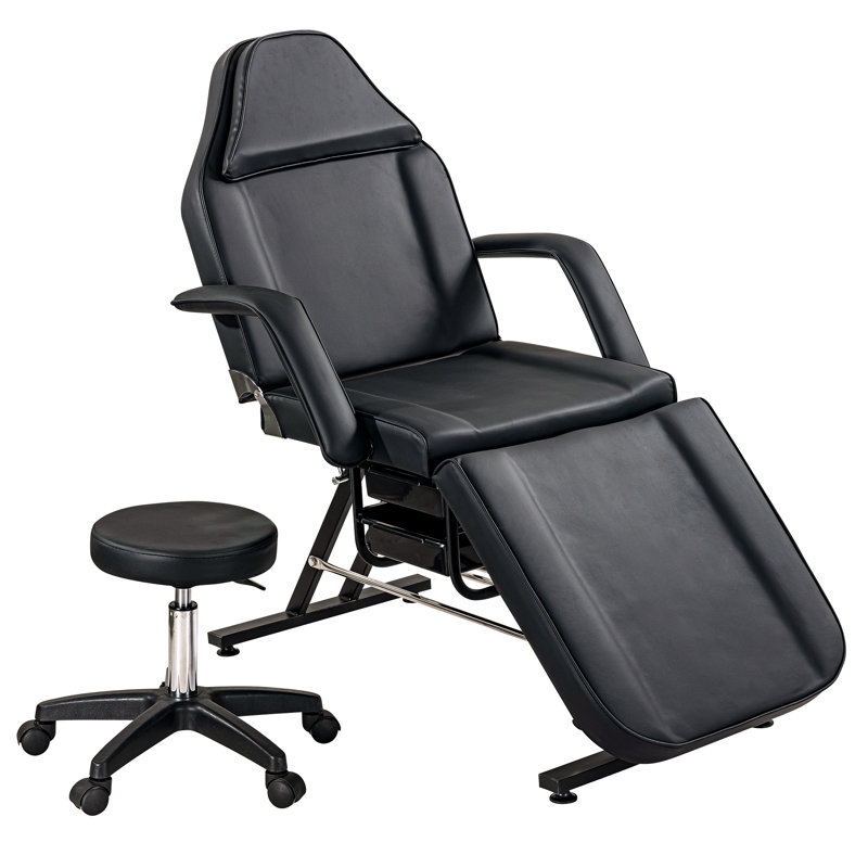 Vegan Leather Tattoo Spa Facial Salon Recliner Adjustable Chair Set With 2 Trays, Black