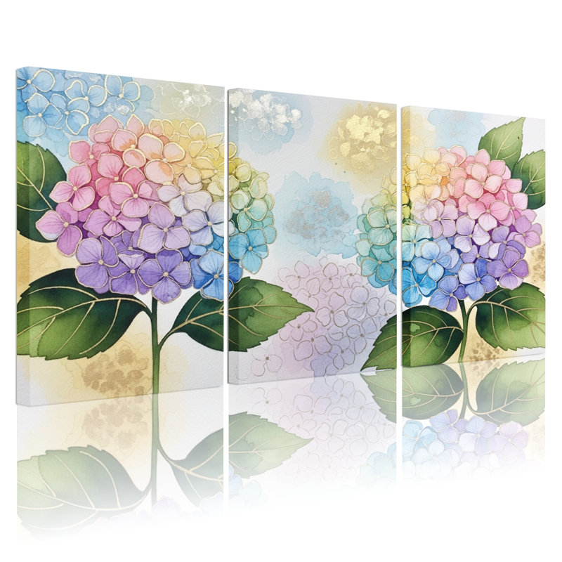 Hydrangea, impression sur toile à motif floral sur toile, ensemble de 3, H 24 po x l 48 po