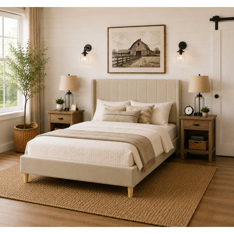 Lit plateforme tapissier avec tête de lit à oreilles Eriksay, Simple, Lin beige
