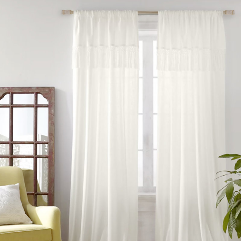 Beige Iron Adjustable Curtain Rod with Carved Square Finial, 36-72 inch