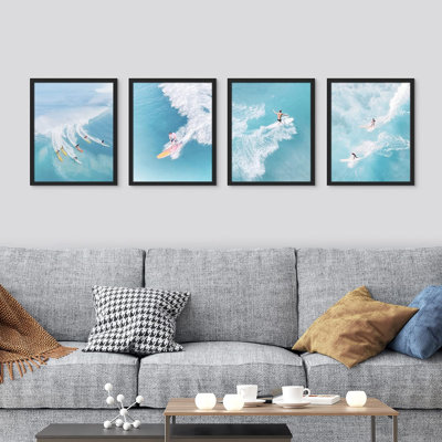 SIGNLEADER Framed Ocean Nautical Landscape Wall Art, Set Of 4 Surfing Surfboard Aerial View Wall Decor Prints, Nature Wilderness Wall Decor For Living Room, Bedroom - 4 Piece Single Picture Frame Print