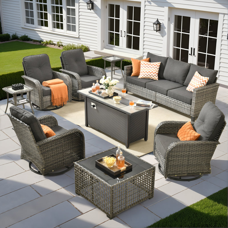 Jordanlee 7- Person Outdoor Seating Group With Rocking Swivel Chairs With Fire Pit Table, Black