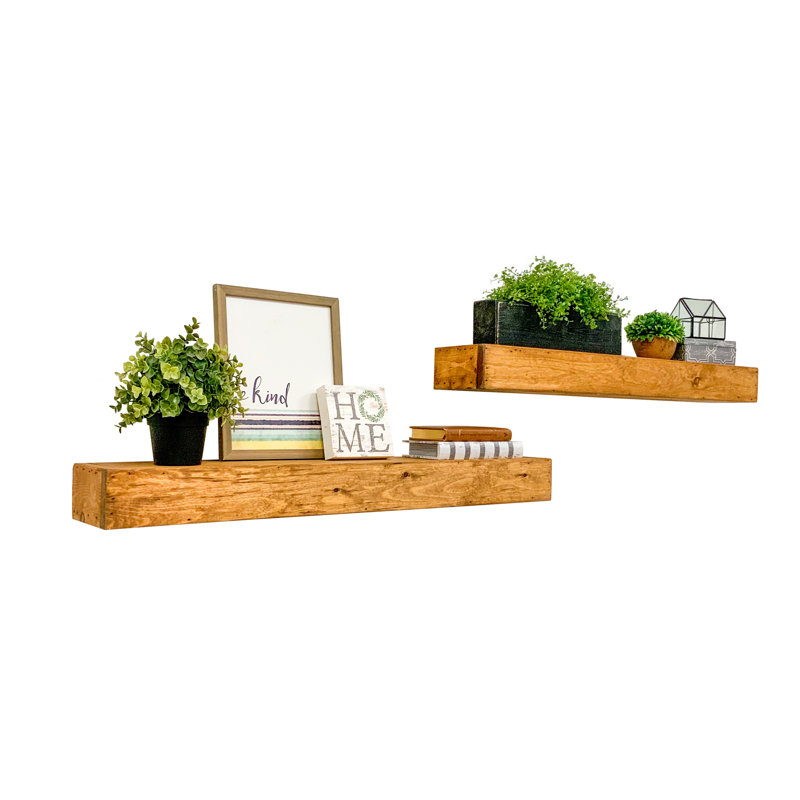 Tablette flottante en bois de pin massif 2 pièces Feumore, H 3,75 po x l 36 po x P 6 po, Brun clair