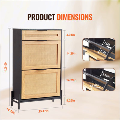Armoire à chaussures en rotin, rangement pour chaussures étroit avec 2 tiroirs en rotin rabattables et 1 tiroir coulissant, pieds en métal, armoire à chaussures mince idéale pour le vestibule, le placard, le couloir