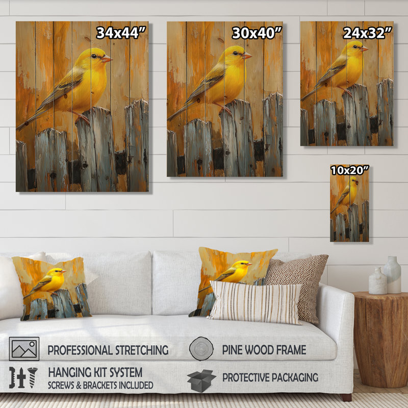 Finch Bird On The Barnyard Fence II - Bird Wood Wall Decor - On Natural Pine Wood, 44" H x 34" W x 0.78" D