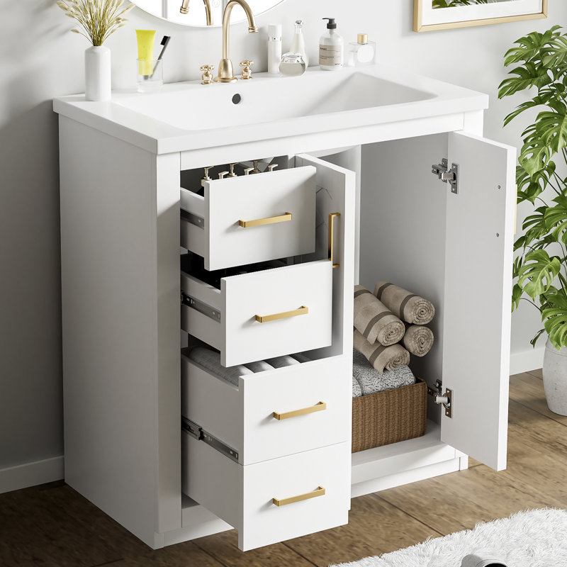 Armoire de meuble-lavabo autoportante en bois massif 30 po avec lavabo en céramique, Blanc