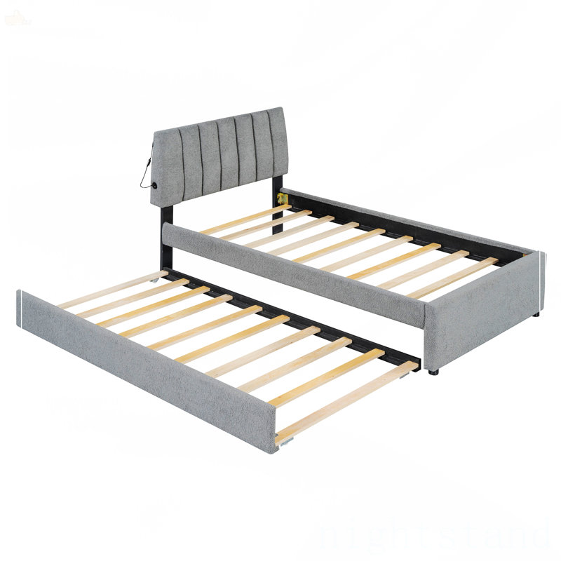 Lit plateforme tapissier simple avec lit gigogne Teddy