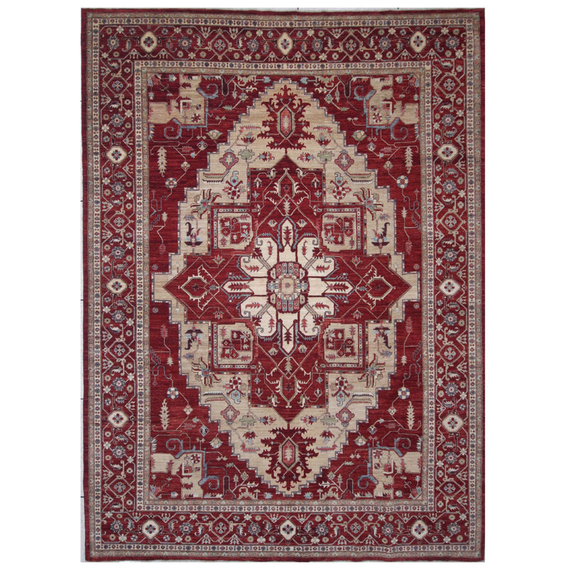 Tapis unique rouge / ivoire / beige / bleu de 9 pi 11 po x 13 pi 8 po