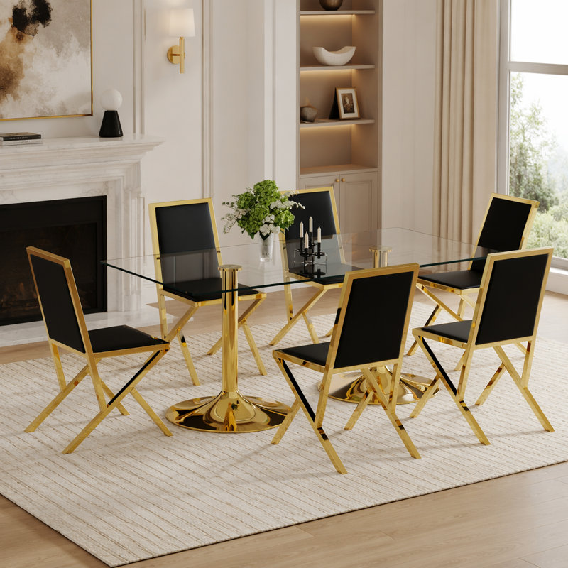 Table de salle à manger moderne en verre trempé et 6 chaises en polyuréthane noir, parfaites pour les réunions de famille et peu encombrantes