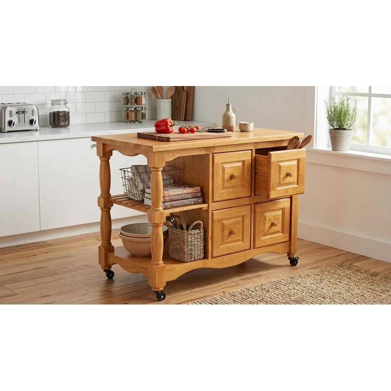Liudger Solid Wood Kitchen Cart with Push-Through Drawers, Storage Shelves, and Rolling Casters - Light Oak