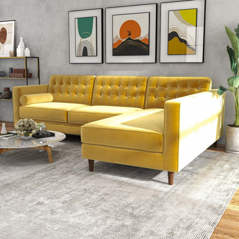 Canapé modulaire en velours jaune foncé Christian faisant face à la droite