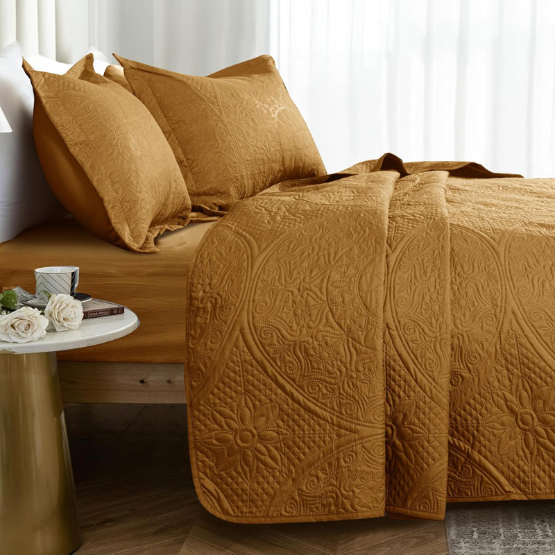 Lightweight Summer Bedspreads - 3 Piece Oversized Quilt Set - Reversible Coverlet Set -Queen Size, Buckthorn Brown Floral