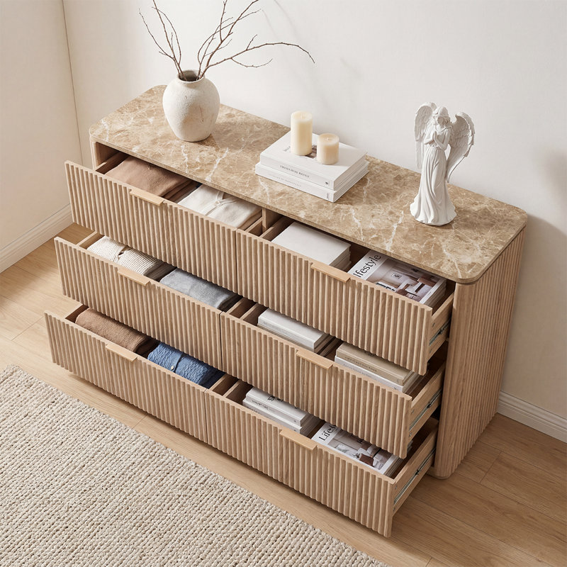 54.5" W Fluted 6-Drawer Dresser, 2" Thick Panels & Faux Marble Top, 3-Sided Wavy Modern TV Stand Round Corner, Oak