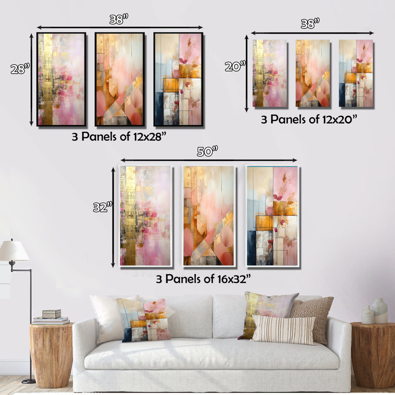 «Allure Boho Chic In Vintage Pink Gold», 3 pièces sur toile, Cadre flottant noir, H 20 po x l 36 po
