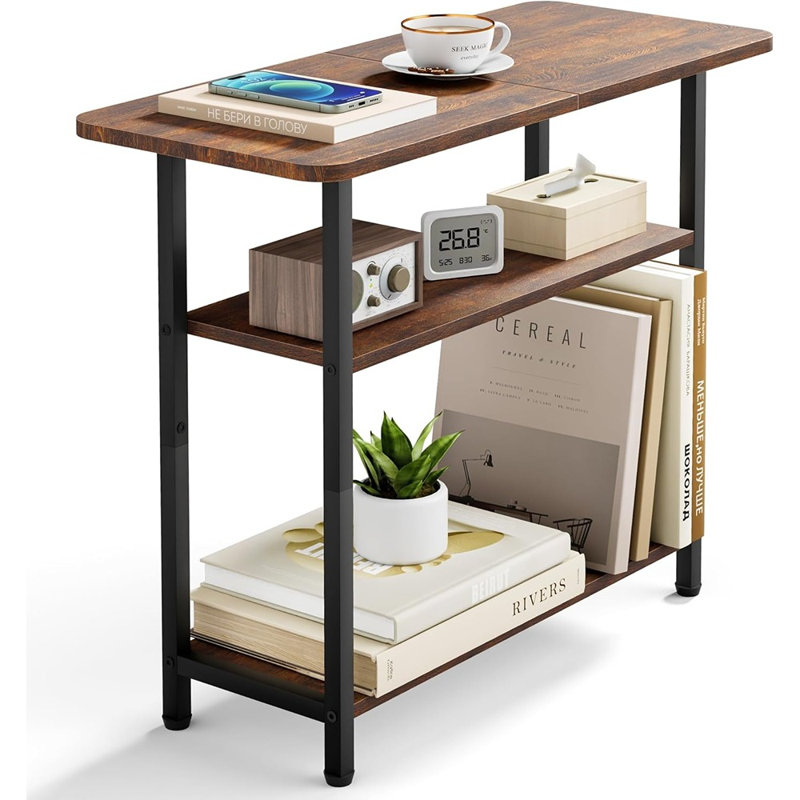 Table d'appoint pour le salon, table de bout à 3 niveaux pour les petits espaces avec plateau de rangement large, table de chevet étroite brune rustique pour la chambre à coucher, canapé-lit