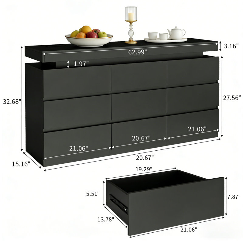 Double Wide Dresser With RGB LED Lights & Charging Station, 9-Drawer Storage Cabinet For Multi-Rooms, Modern Design, Black