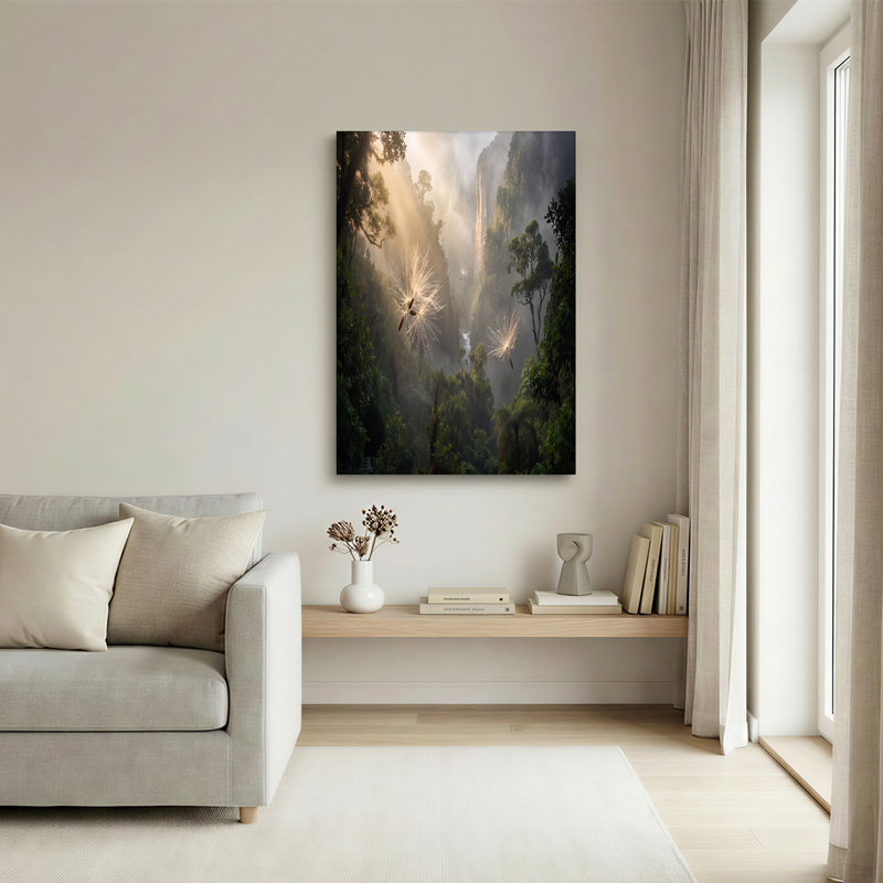 «Glowing Floating Seeds in Misty Mountain Forest», art mural, 12"H x 18"W