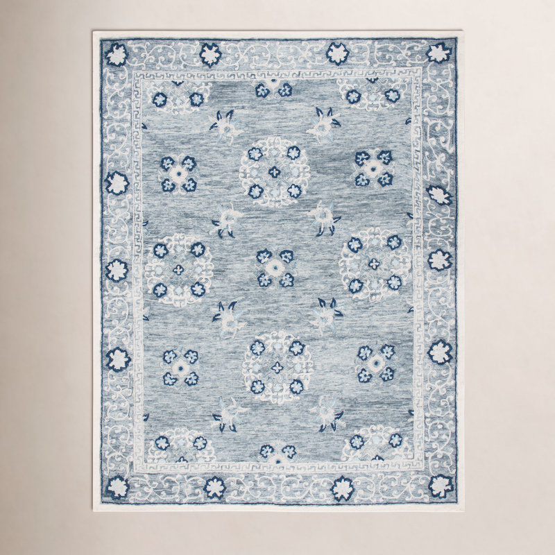 Akins Oriental Handmade Tufted Wool Gray/Ivory Area Rug, Rectangle 8' x 10'