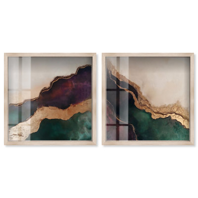 Traces of Gold Diptych Shadowbox Print Black Gold Wall Art Set by Art Remedy, Blonde Frame, 40 x 40