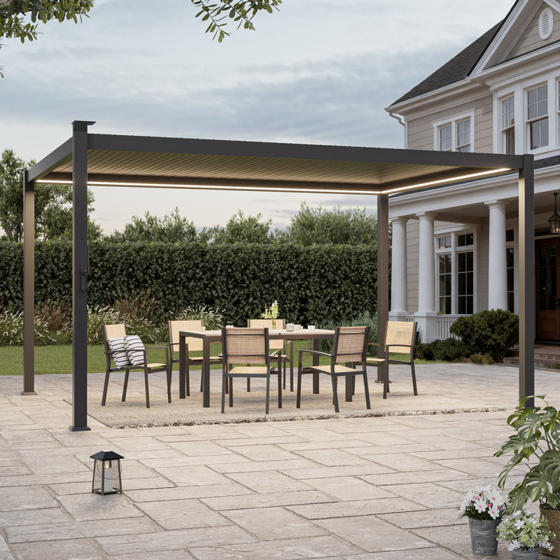 Pergola à persiennes imperméable à DEL avec toit réglable, pergola de terrasse extérieure en métal résistante à la rouille toutes saisons, structure d'ombrage robuste pour terrasse de jardin