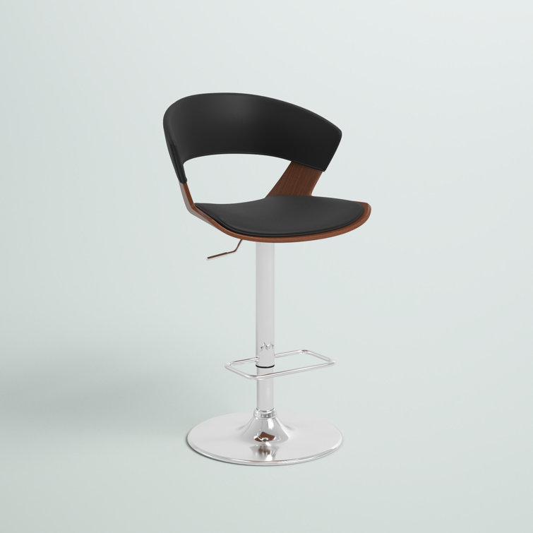 Riggleman Mid-century Swivel Adjustable Height Bar Stool with Open Back in Faux Leather, Wood, Metal