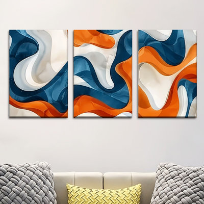 «Bold Blue Orange Abstract», reproduction sur toile 3 pièces - Un espace de vie élégant