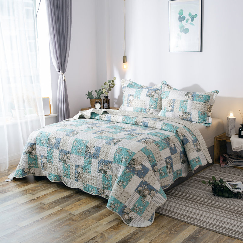 Polyester Geometric Shapes Quilt, Twin Quilt + 1 Sham, Aqua Green