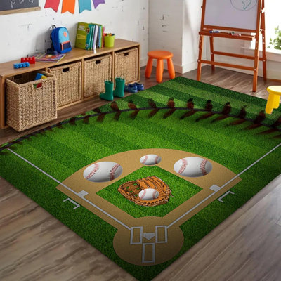 Baseball in Glove Baseball Field Area Rug Sports Field Carpet for Living Room,Sports Theme Washable Rubber Backed Rugs for American Baseball Field Rug, 4.6′ × 6.6′