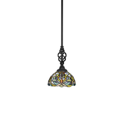 Eleganté Stem Hung Mini Pendant Shown In Matte Black Finish With 7" Kaleidoscope Art Glass