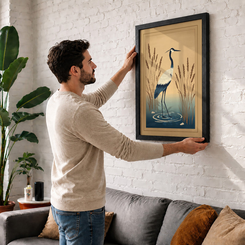 Heron in Shallow Waters Japandi - Framed Print, A2 - 59.4 x 42.0 cm, Black