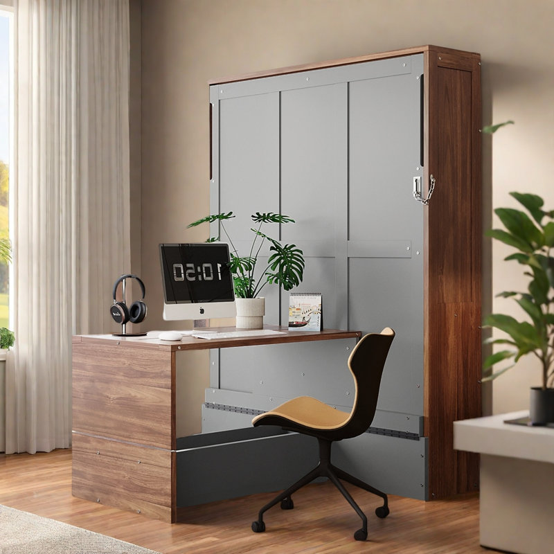 Lit escamotable double en L avec bureau, Gris/noyer