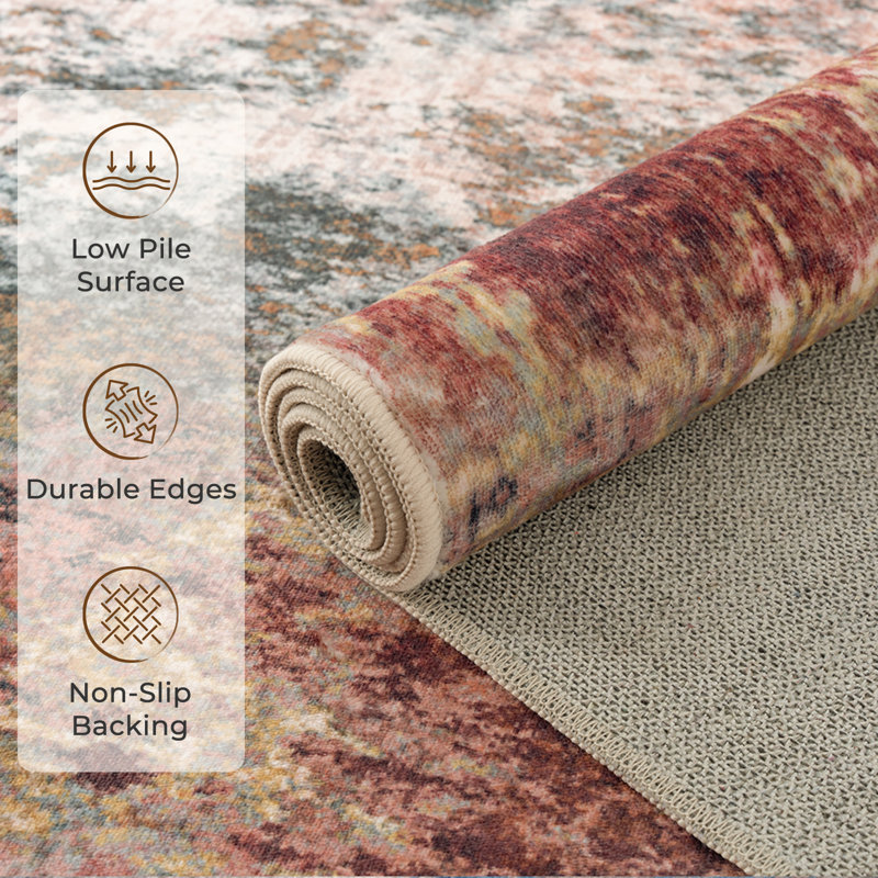Modern Abstract Printed Area Rug Non-Slip Machine Washable Low Pile for Living Room Bedroom, Red/Brown, Rectangle 6' x 9'