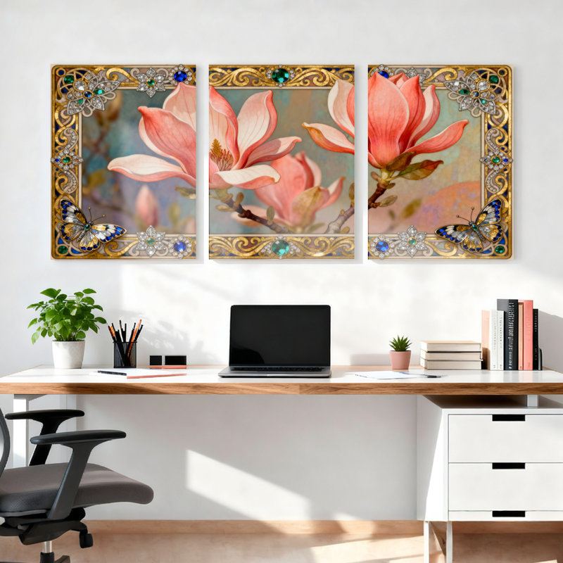 Ensemble de 3 tableaux muraux sur toile tendue représentant des fleurs de magnolia et des papillons, H 36 po x l 72 po