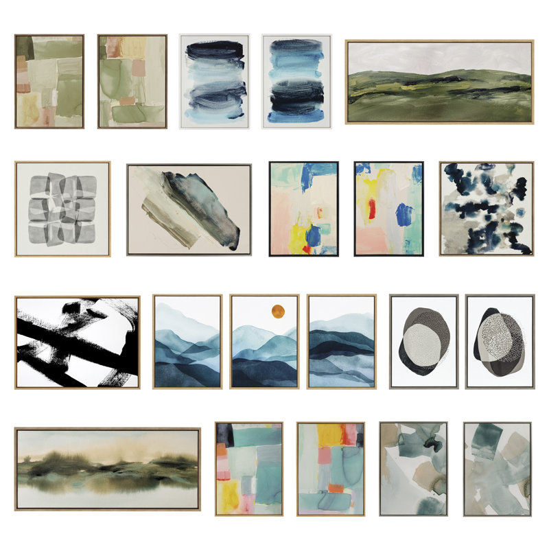 Abstract Watercolor Landscape Art Set, Brown Framed