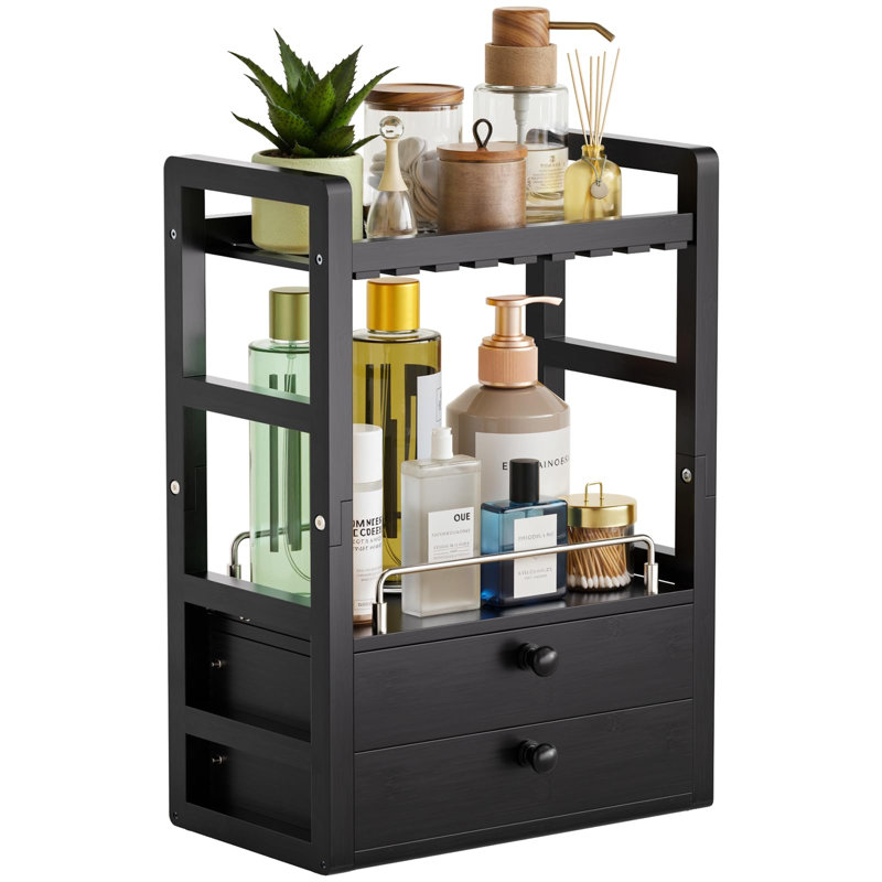 Organisateur de comptoir de salle de bain en bambou, organisateur de maquillage à 2 niveaux avec 2 tiroirs, rangement pour coiffeuse, coin café/matcha, étagère compacte pour salle de bain, cuisine ou bureau, noir
