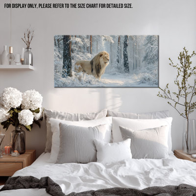 Grand art mural animal d'hiver - scène d'hiver sur toile de lion pour la décoration de la maison, décor animalier de forêt enneigée pour le salon, œuvre d'art encadrée en pin, 