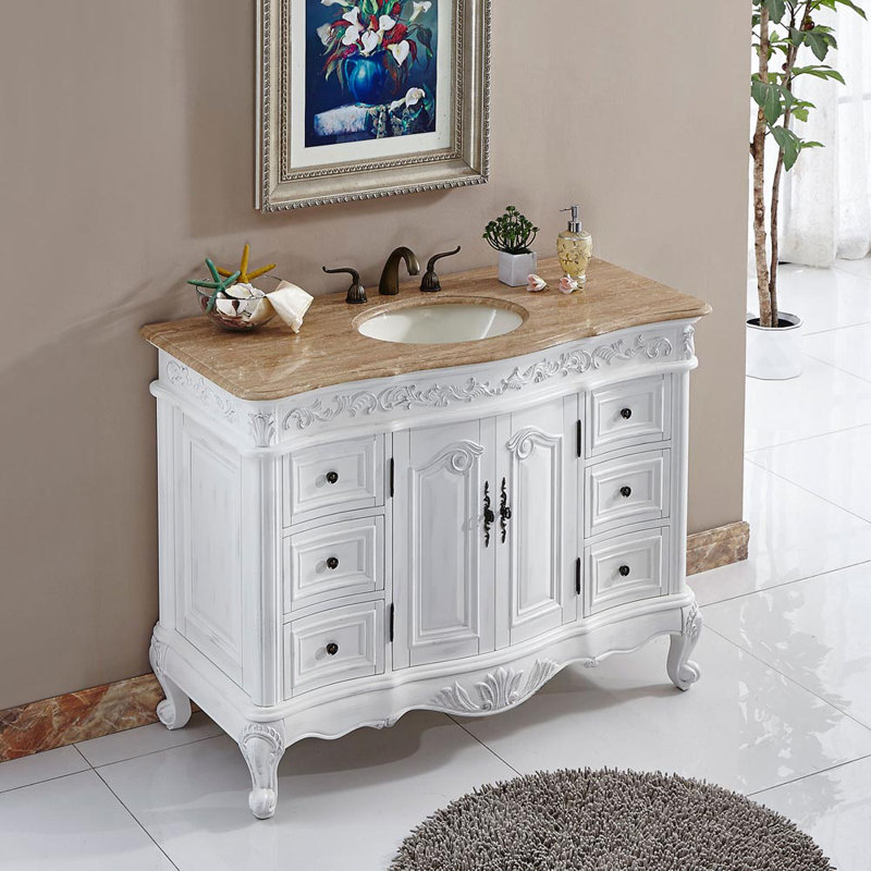 Ajub 48'' Single Bathroom Vanity with Top, Travertine Stone