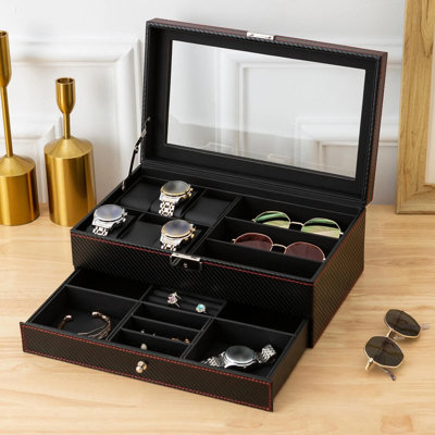 Watch Jewellery Box Organizer – 6 Slot 2 Layer Case, Sunglasses Storage, Large Glass Lid, Locking Display, Gift For Men Women