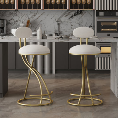 2Pcs Kitchen Counter Stools, Creamy White Velvet, Golden Metal Frame, 220Lbs Max Load, Scratch For Home Round Velvet Chairs Of 2, Gold Base, Load Capacity, 27.95'' Seat Height Homes
