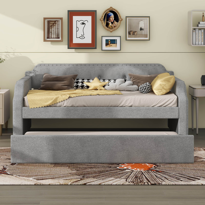 Upholstered Daybed With Trundle, Twin Size, Gray