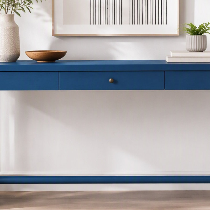 Console en bois de style U avec tiroir et pattes ovales découpés, Marine