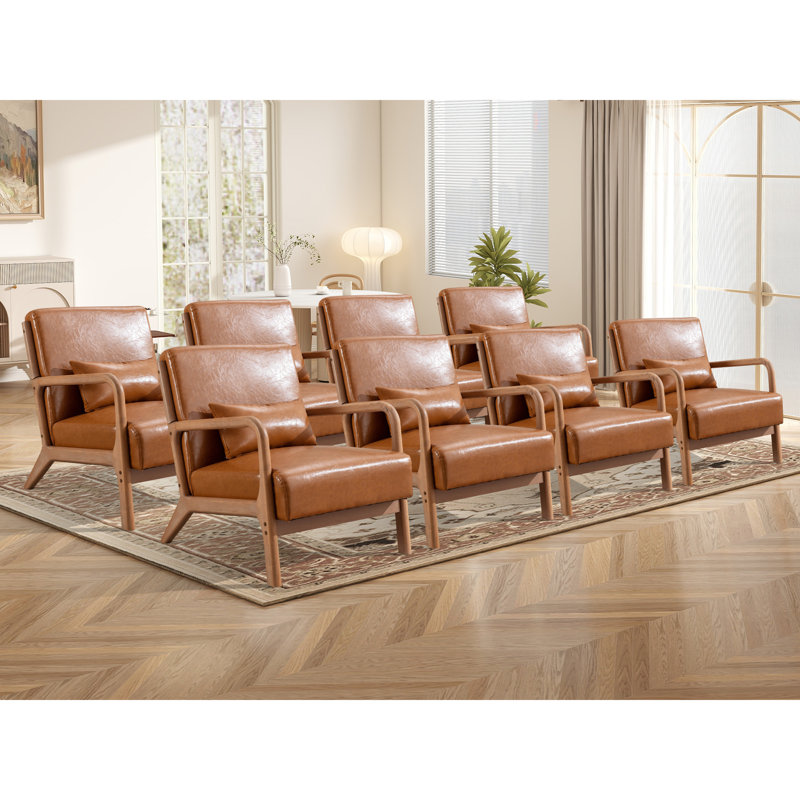 Lyon 25.78" Wide Mid Century Faux Leather Accent Chair with an Extra Pillow(Set of 8), Camel Faux Leather, Brown