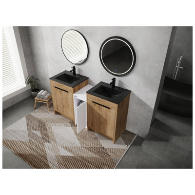 Meuble-lavabo autoportant de 60 po avec lavabo en céramique noire, finition blanc lustré et imitation chêne