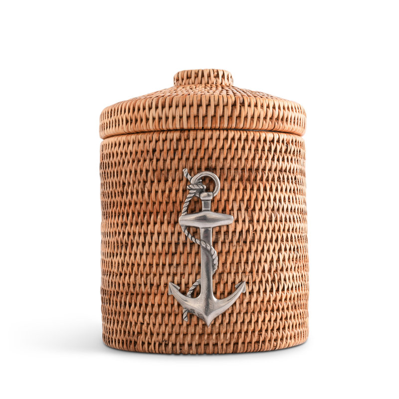 Hand-Woven Rattan Ice Bucket with Pewter Anchor Accent