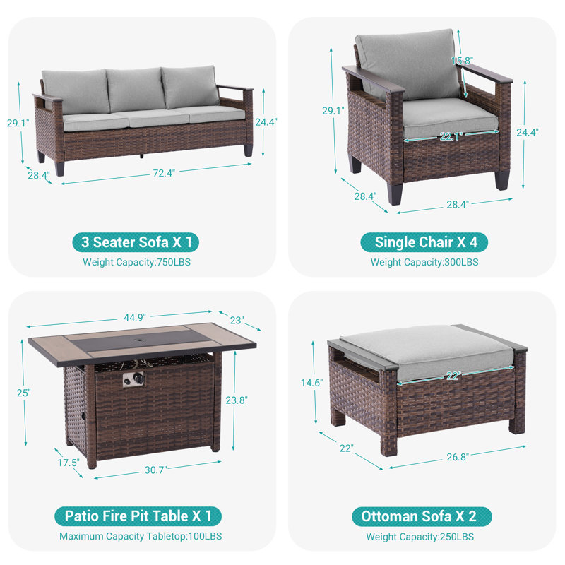8 Piece Patio Sofa with Rectangle Fire Pit Table and Ottomans, Linen Gray