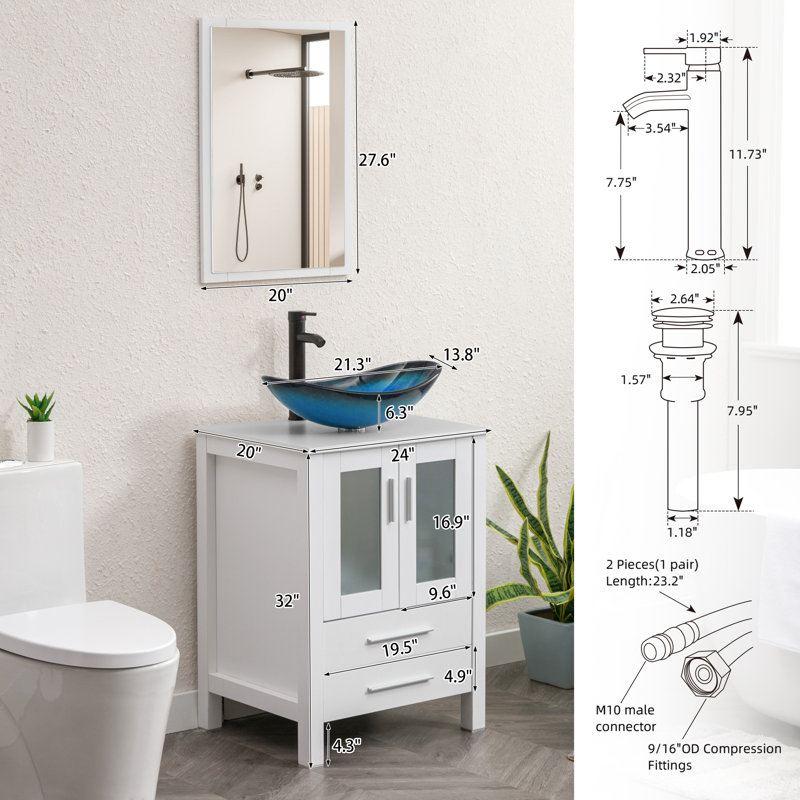 Finition de la base: finition du plateau blanc: meuble-lavabo simple autoportant bleu de 24 po avec comptoir en bois manufacturé