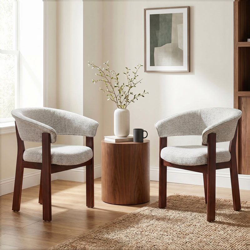 Chaise de salle à manger rembourrée avec accoudoirs tonneau, Dark Brown Wood, Beige