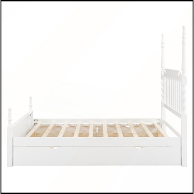Grand lit plateforme avec lit gigogne simple TG et 2 tiroirs de rangement, lit en bois classique avec tête de lit à broche, blanc