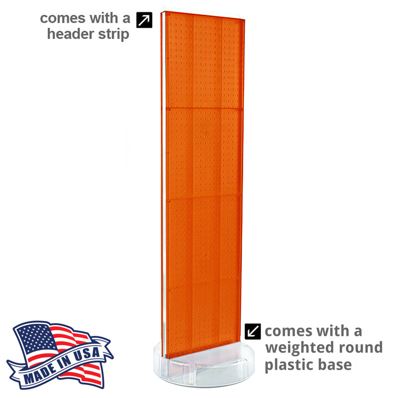 Orange Two-sided Pegboard Floor Display On Revolving Studio Base With (50) 6" Clear Hooks