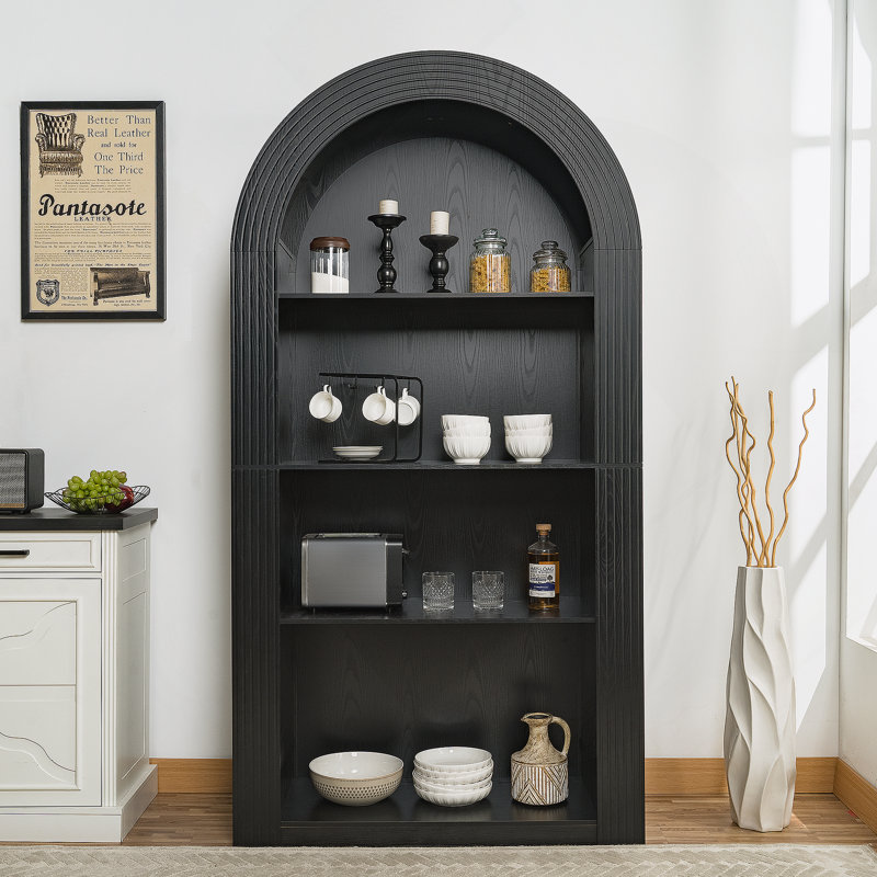 Bibliothèque arquée de 78,74 po de hauteur, bibliothèque de style Mid-Century à 4 niveaux avec tablette de rangement ouverte pour la salle à manger, le salon et la chambre à coucher (noir)